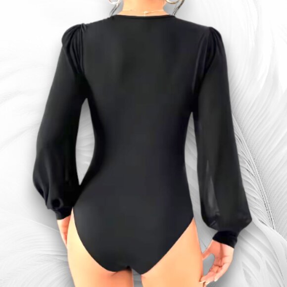 Black Long Sleeve Bodysuit With Sheer Puff Sleeves Size: L - Picture 3 of 7